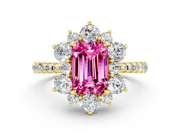Yellow gold Emerald Cut Pink Sapphire Floral Halo Ring with Round Pavé Band and Prong Setting