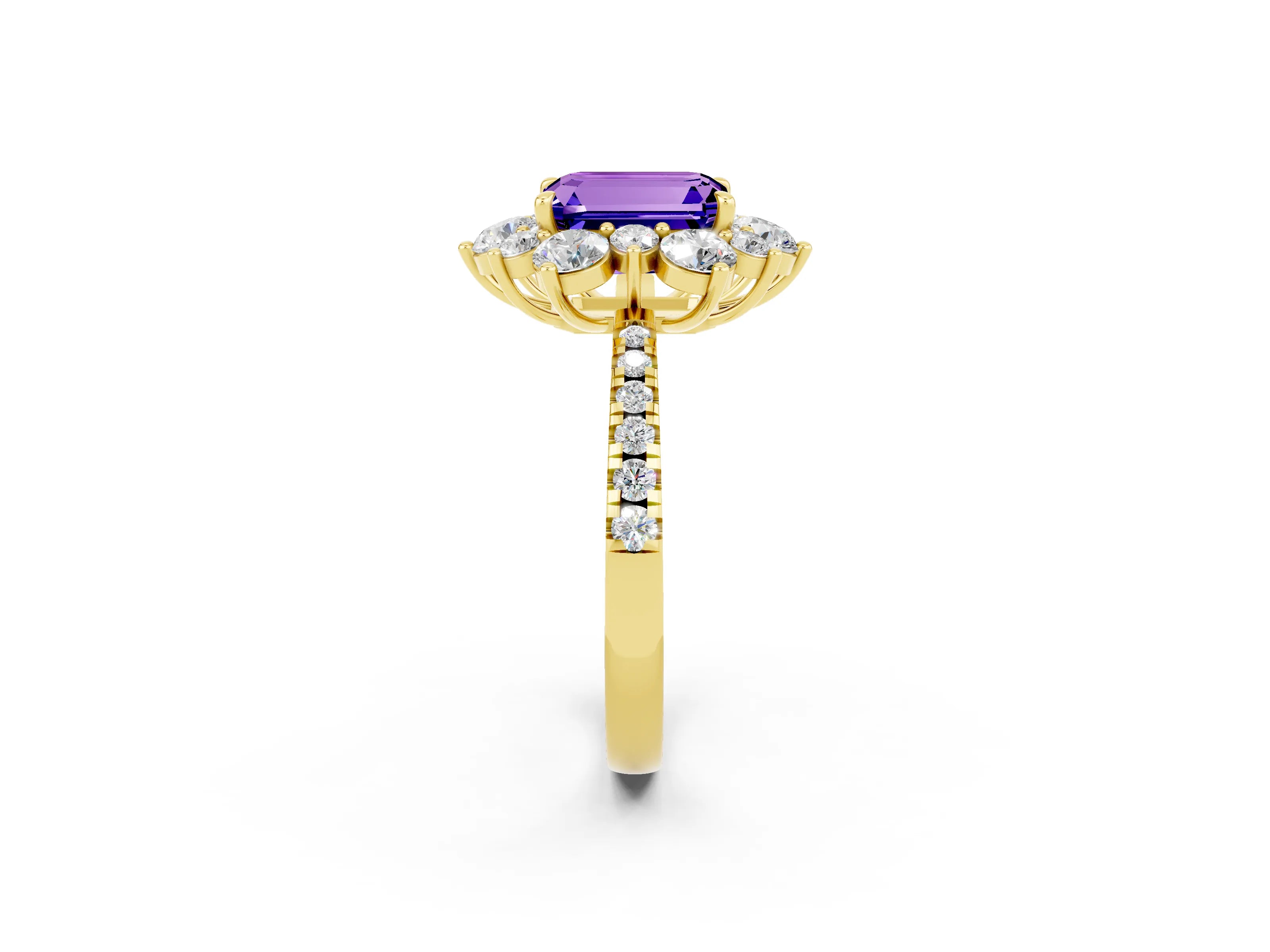 Yellow gold Emerald Cut Cut Diamond Floral Halo Pave Band with Prong Setting_2