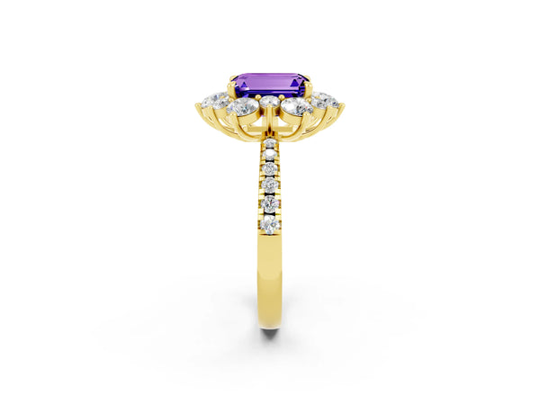 Yellow gold Emerald Cut Tanzanite Floral Halo Ring with Round Pavé Band and Prong Setting