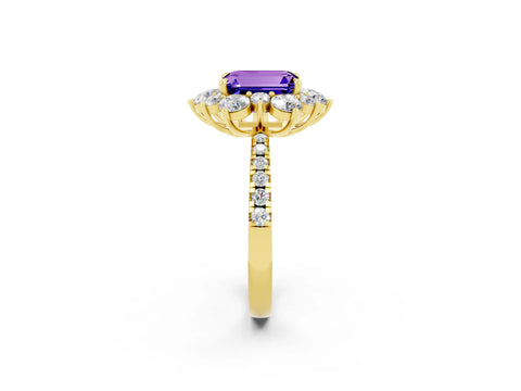 Yellow gold Emerald Cut Cut Diamond Floral Halo Pave Band with Prong Setting_2