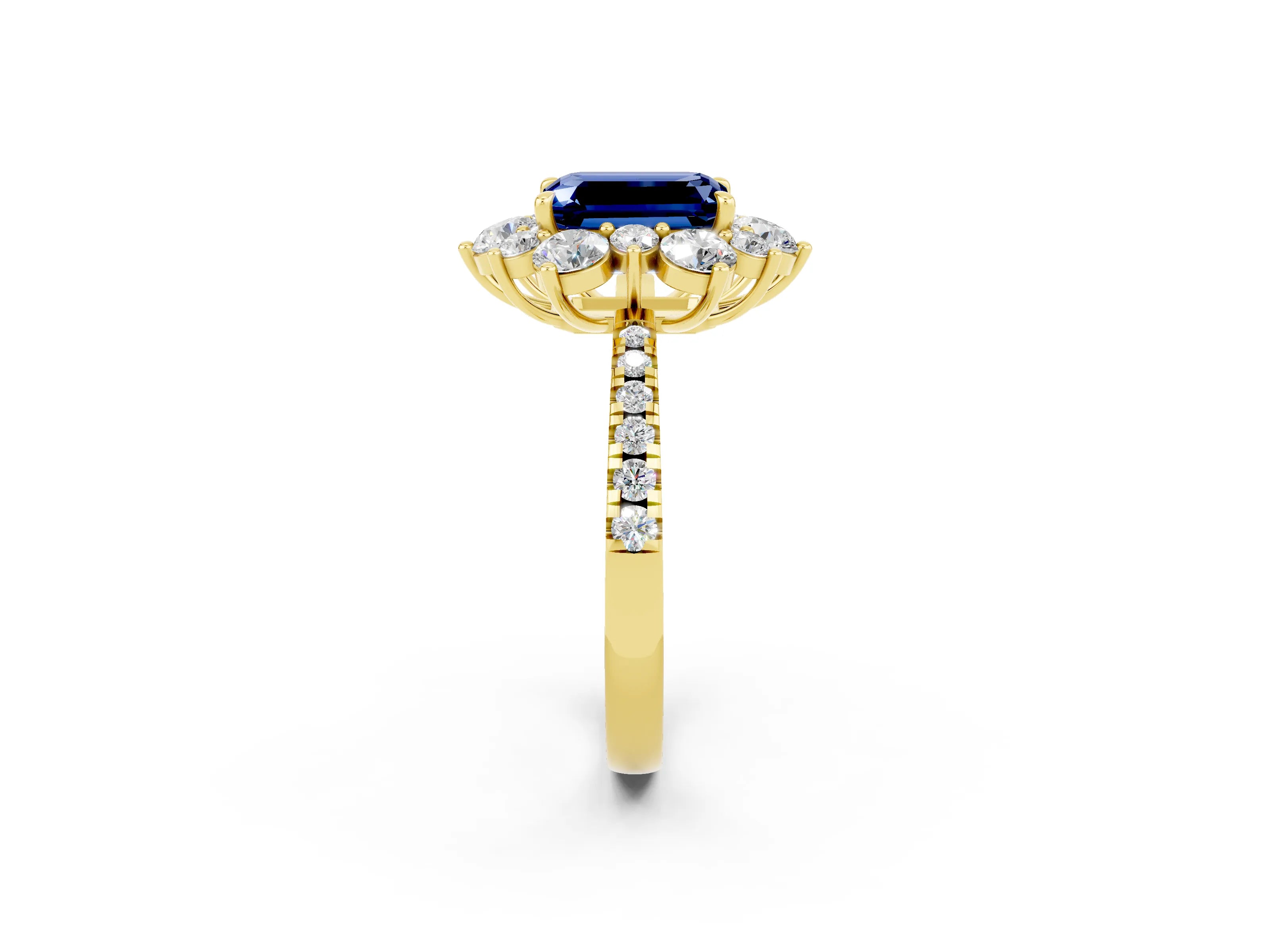 Yellow gold Emerald Cut Cut Diamond Floral Halo Pave Band with Prong Setting_2