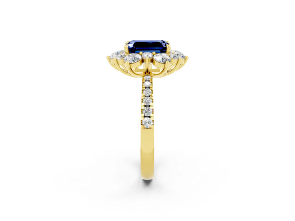 Yellow gold Emerald Cut Blue Sapphire Floral Halo Ring with Round Pavé Band and Prong Setting
