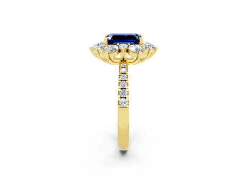 Yellow gold Emerald Cut Cut Diamond Floral Halo Pave Band with Prong Setting_2