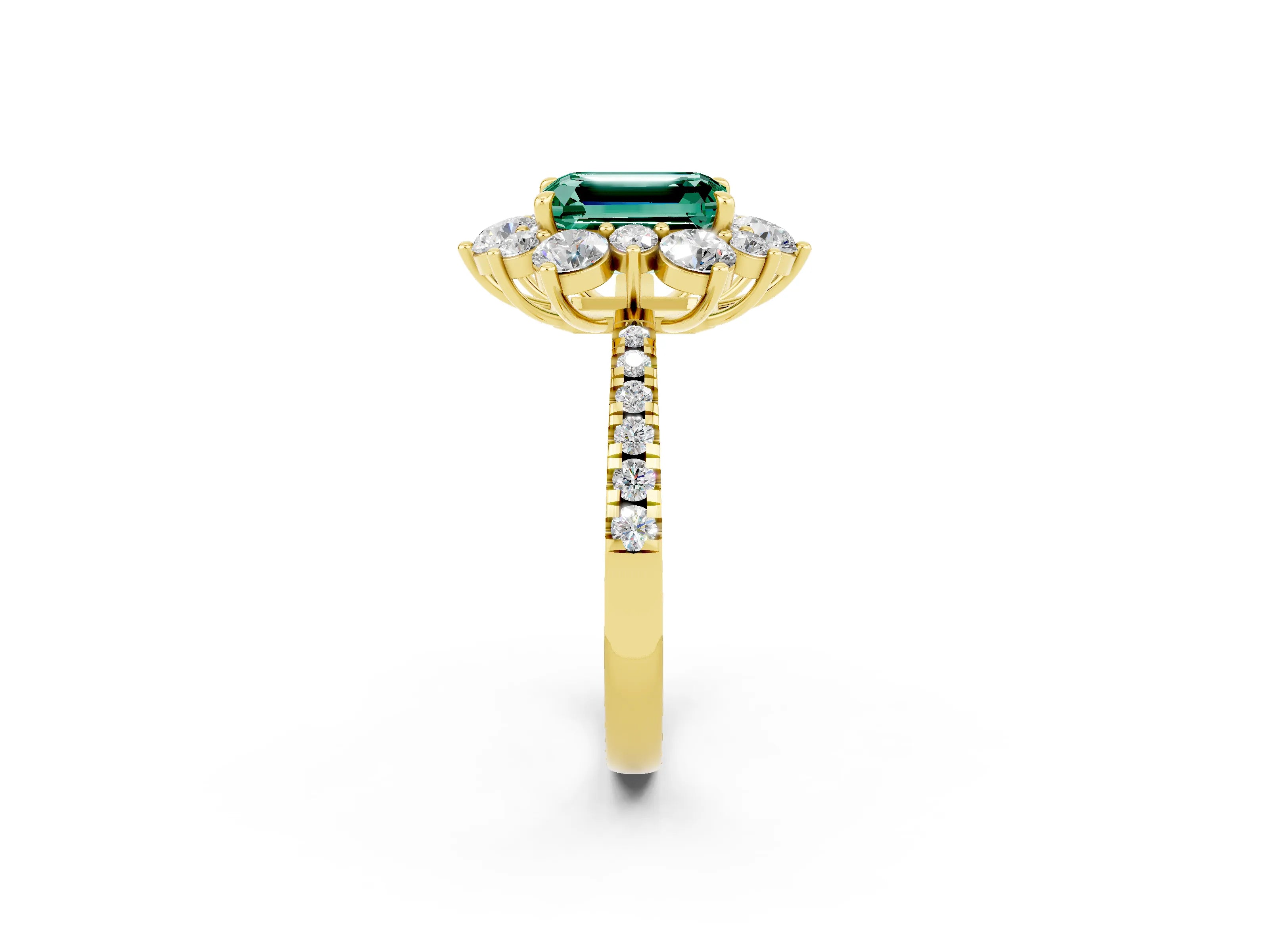 Yellow gold Emerald Cut Cut Diamond Floral Halo Pave Band with Prong Setting_2