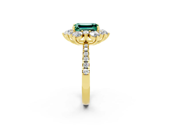 Yellow gold Emerald Cut Green Sapphire Floral Halo Ring with Round Pavé Band and Prong Setting