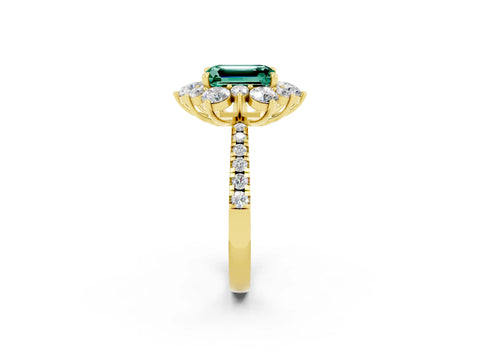 Yellow gold Emerald Cut Cut Diamond Floral Halo Pave Band with Prong Setting_2