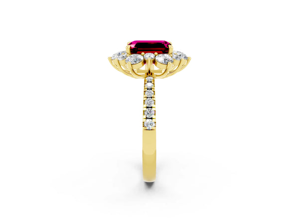 Yellow gold Emerald Cut Garnet Floral Halo Ring with Round Pavé Band and Prong Setting