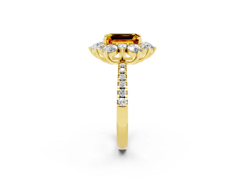Yellow gold Emerald Cut Cut Diamond Floral Halo Pave Band with Prong Setting_2