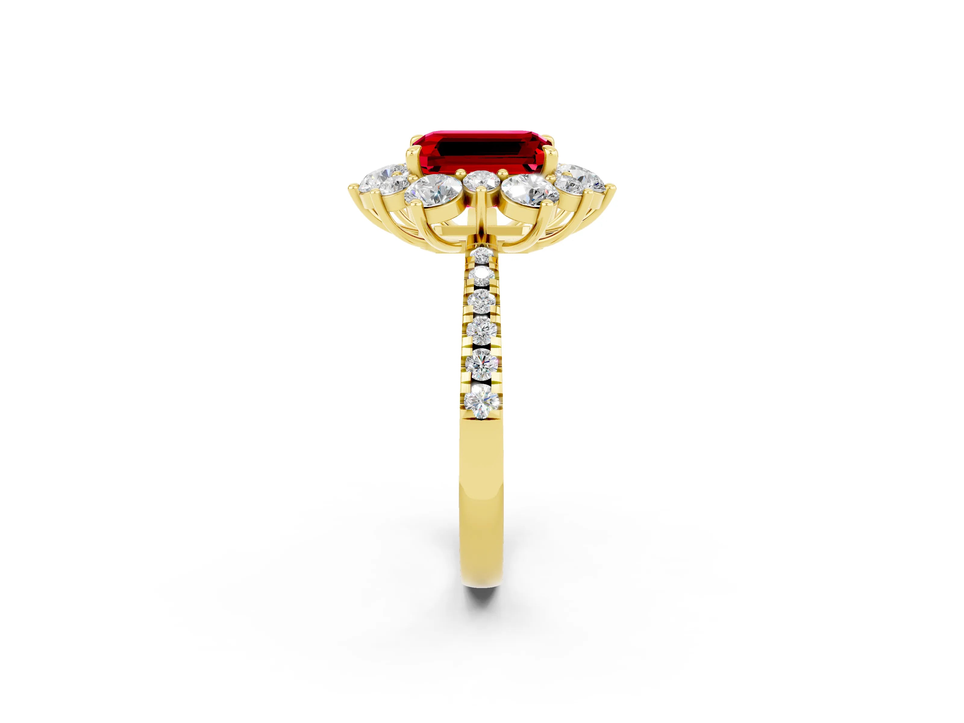 Yellow gold Emerald Cut Cut Diamond Floral Halo Pave Band with Prong Setting_2