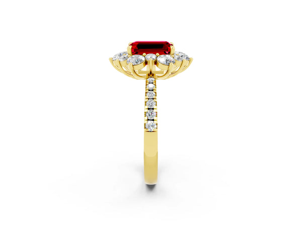 Yellow gold Emerald Cut Ruby Floral Halo Ring with Round Pavé Band and Prong Setting