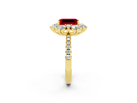 Yellow gold Emerald Cut Cut Diamond Floral Halo Pave Band with Prong Setting_2