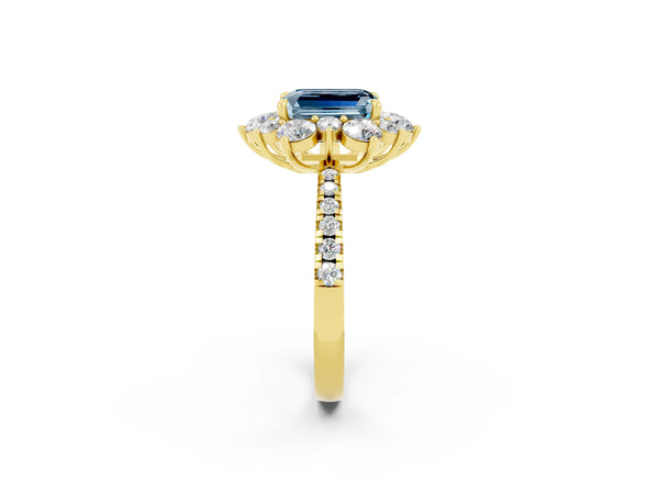 Yellow gold Emerald Cut Aquamarine Floral Halo Ring with Round Pavé Band and Prong Setting
