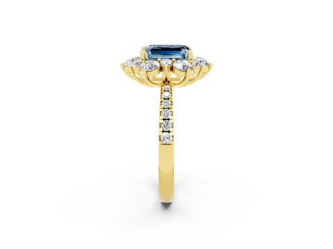Yellow gold Emerald Cut Cut Diamond Floral Halo Pave Band with Prong Setting_2