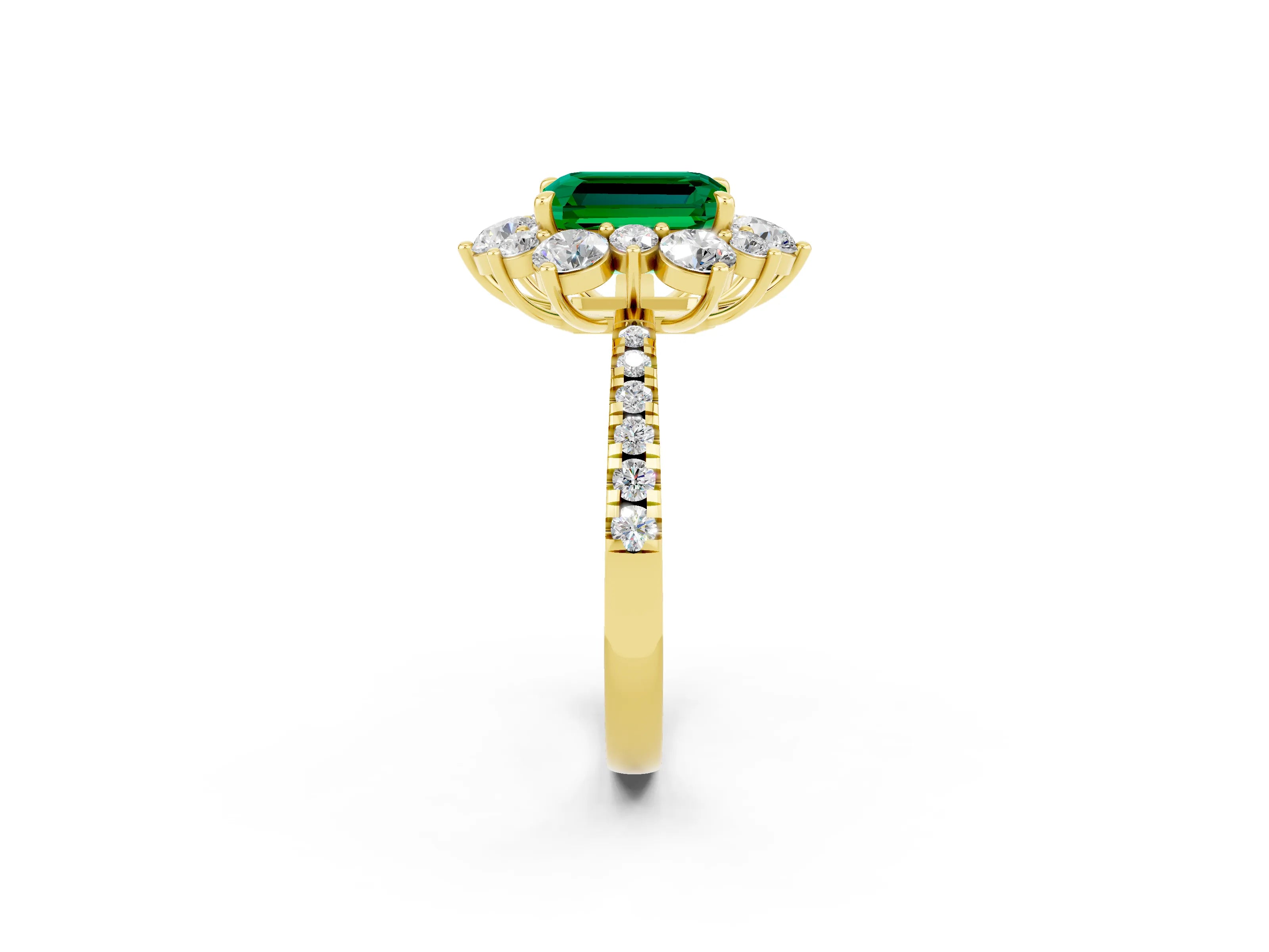 Yellow gold Emerald Cut Cut Diamond Floral Halo Pave Band with Prong Setting_2