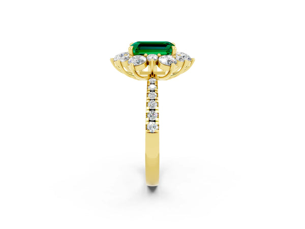 Yellow gold Emerald Cut Emerald Floral Halo Ring with Round Pavé Band and Prong Setting