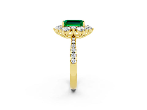 Yellow gold Emerald Cut Cut Diamond Floral Halo Pave Band with Prong Setting_2