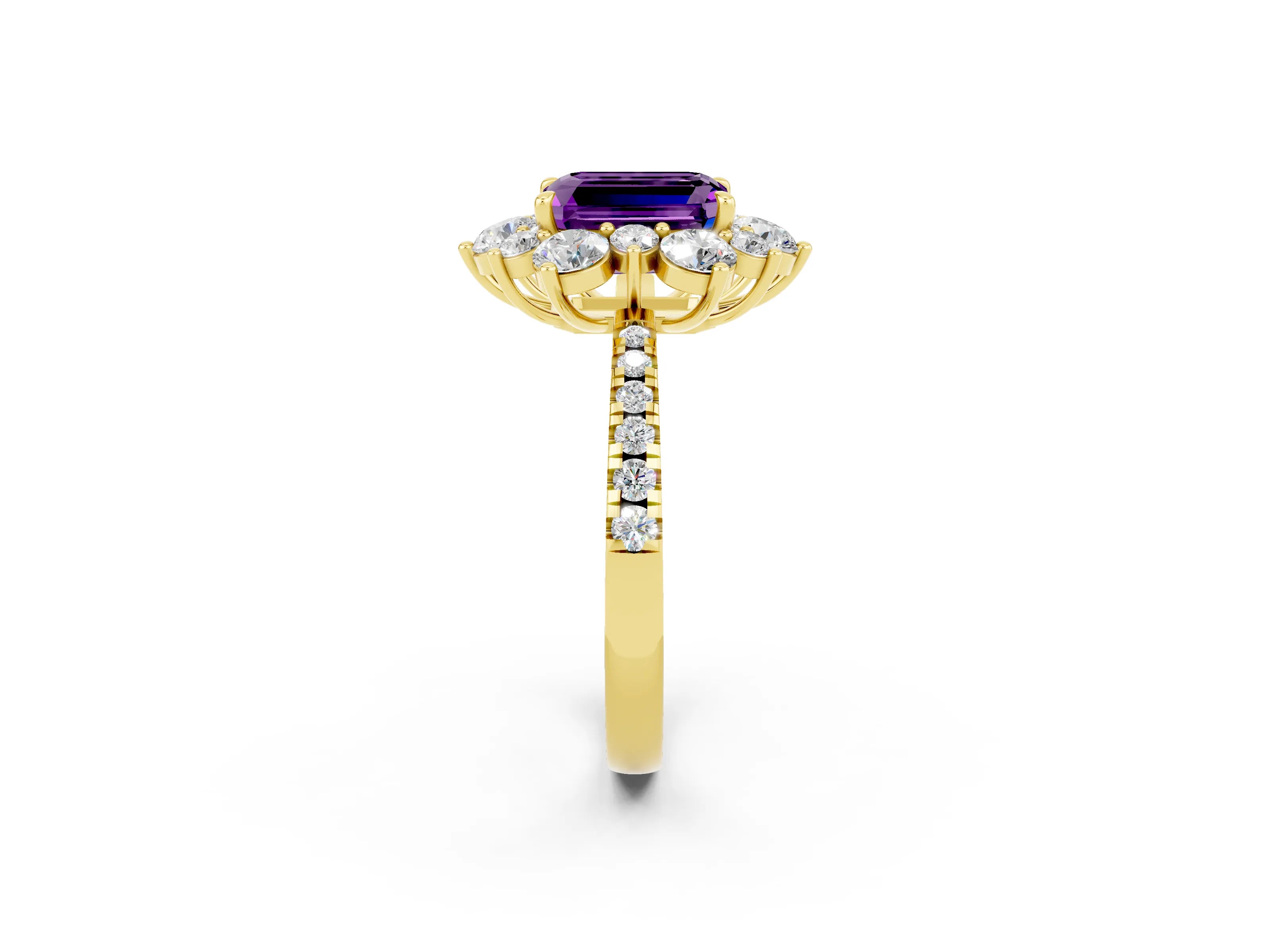 Yellow gold Emerald Cut Cut Diamond Floral Halo Pave Band with Prong Setting_2