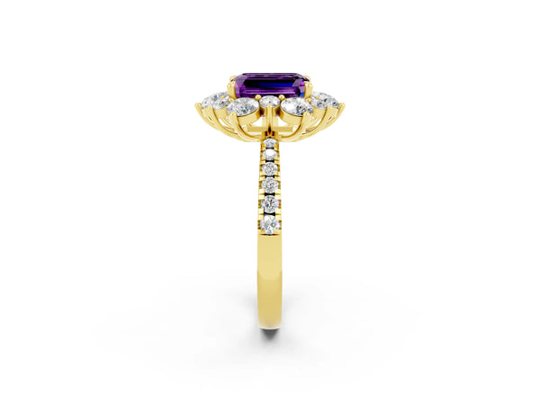 Yellow gold Emerald Cut Amethyst Floral Halo Ring with Round Pavé Band and Prong Setting