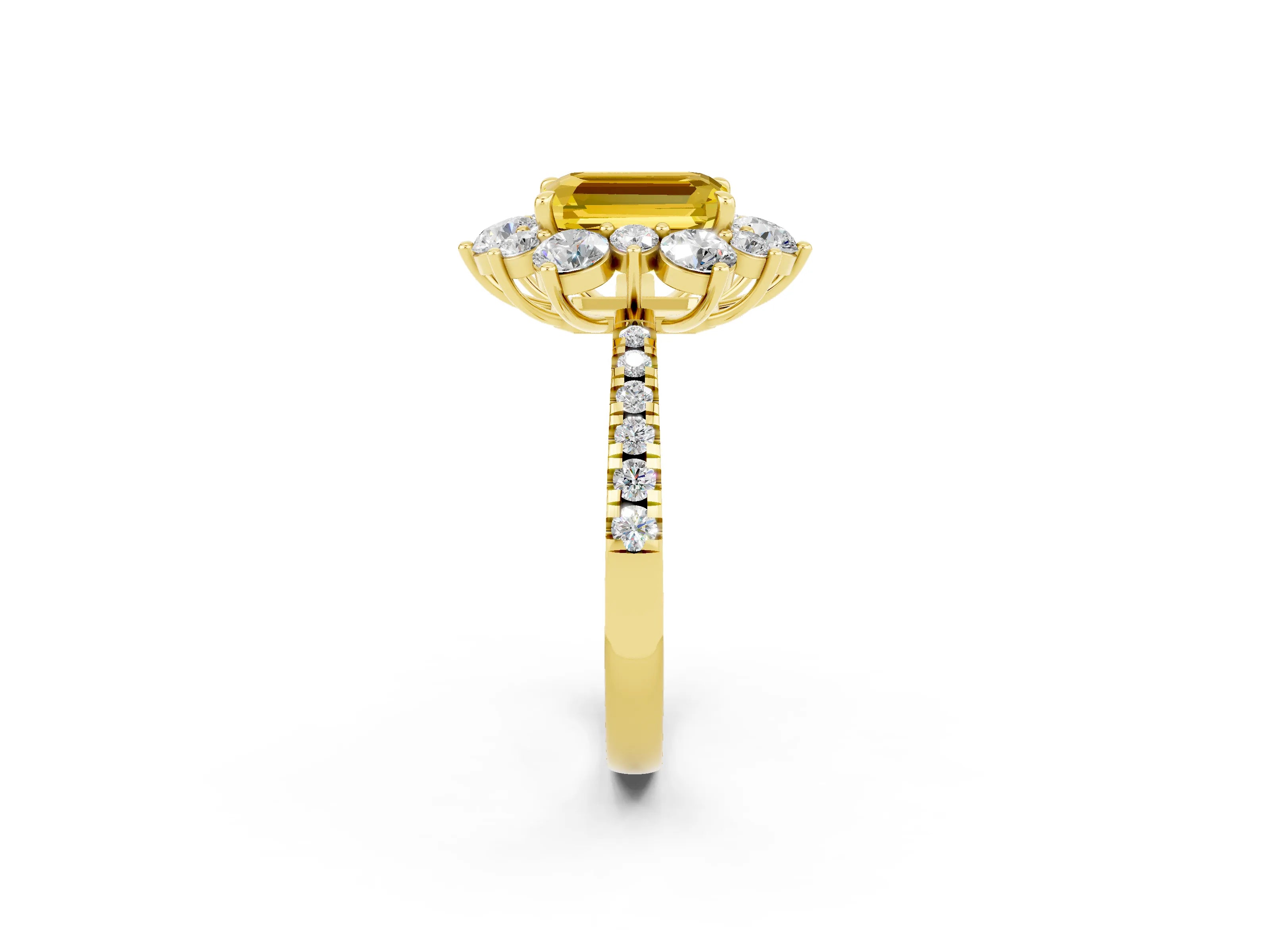 Yellow gold Emerald Cut Cut Diamond Floral Halo Pave Band with Prong Setting_2