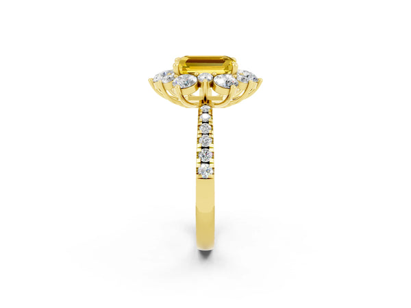 Yellow gold Emerald Cut Yellow Sapphire Floral Halo Ring with Round Pavé Band and Prong Setting