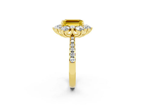 Yellow gold Emerald Cut Cut Diamond Floral Halo Pave Band with Prong Setting_2
