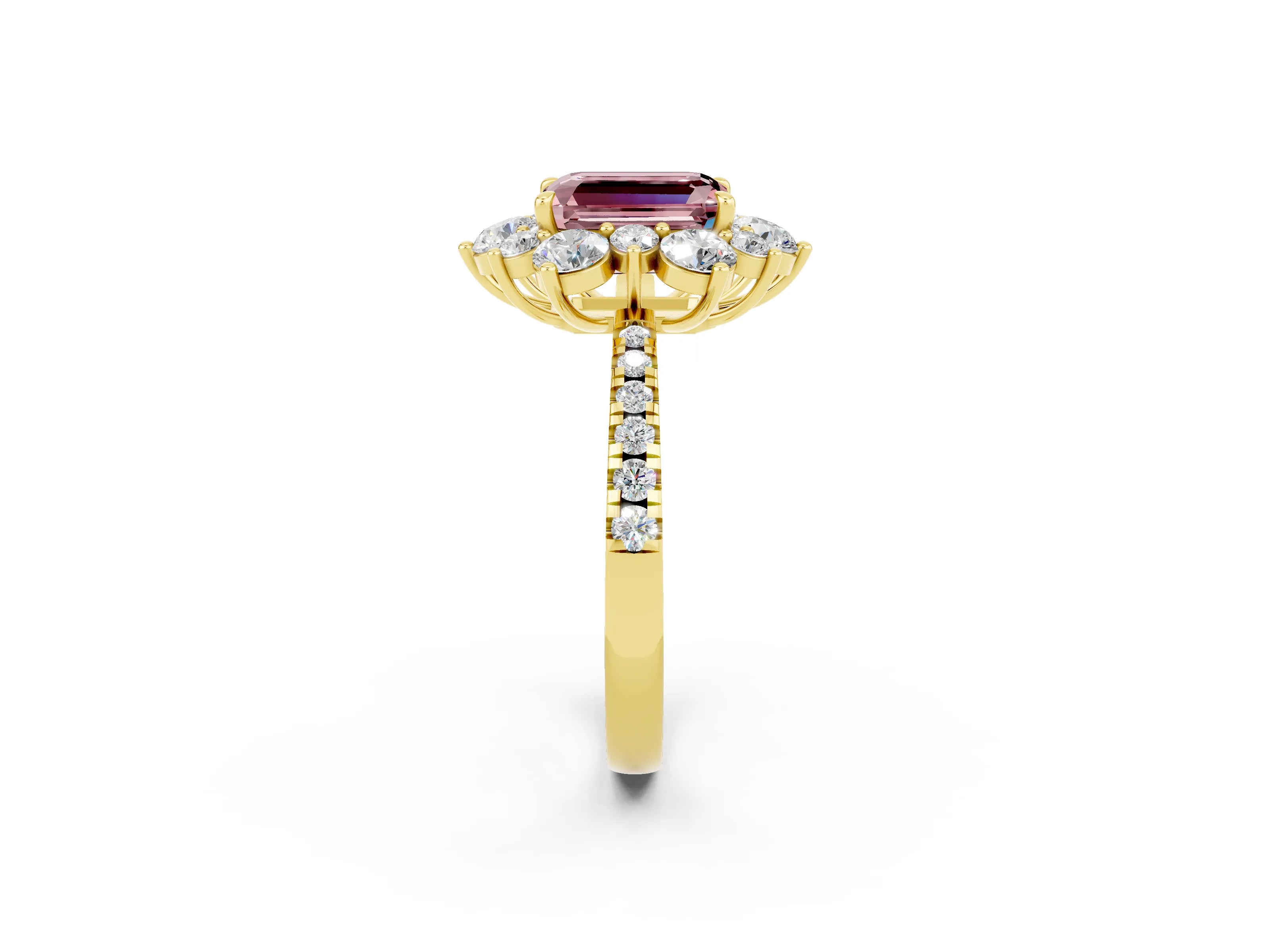 Yellow gold Emerald Cut Cut Diamond Floral Halo Pave Band with Prong Setting_2