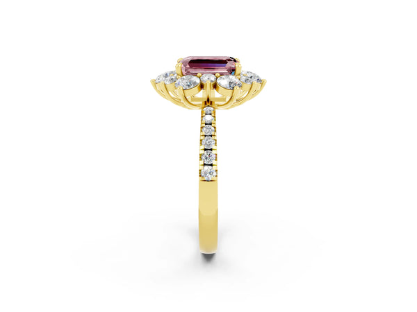 Yellow gold Emerald Cut Cut Diamond Floral Halo Pave Band with Prong Setting