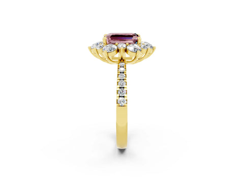 Yellow gold Emerald Cut Cut Diamond Floral Halo Pave Band with Prong Setting_2