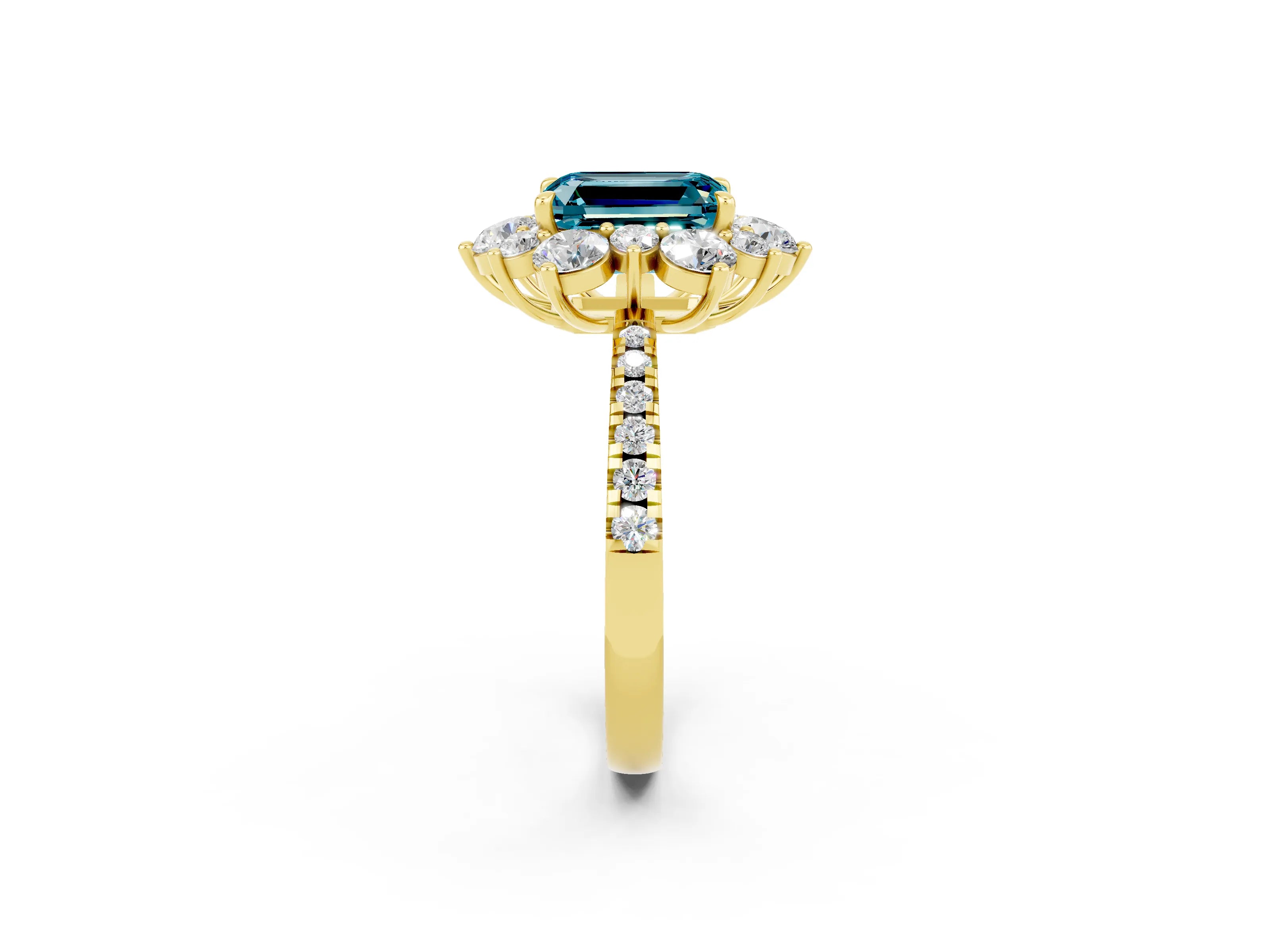 Yellow gold Emerald Cut Cut Diamond Floral Halo Pave Band with Prong Setting_2