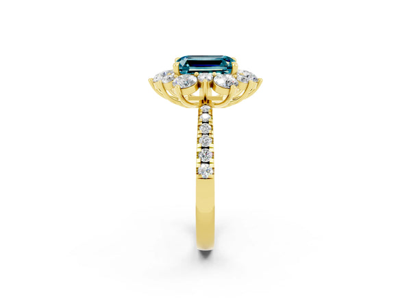 Yellow gold Emerald Cut Cut Diamond Floral Halo Pave Band with Prong Setting