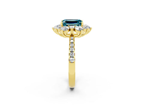 Yellow gold Emerald Cut Cut Diamond Floral Halo Pave Band with Prong Setting_2