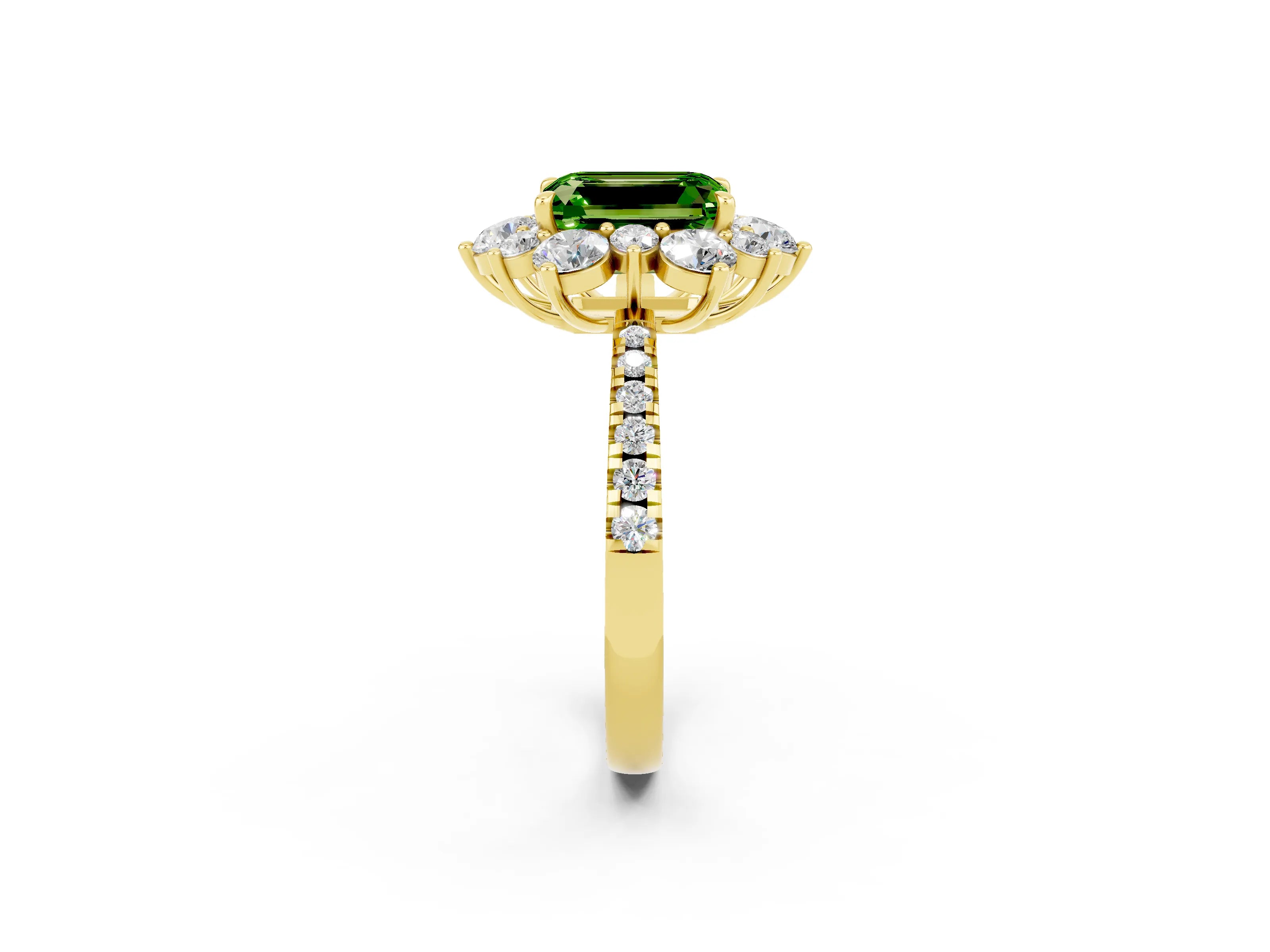 Yellow gold Emerald Cut Cut Diamond Floral Halo Pave Band with Prong Setting_2