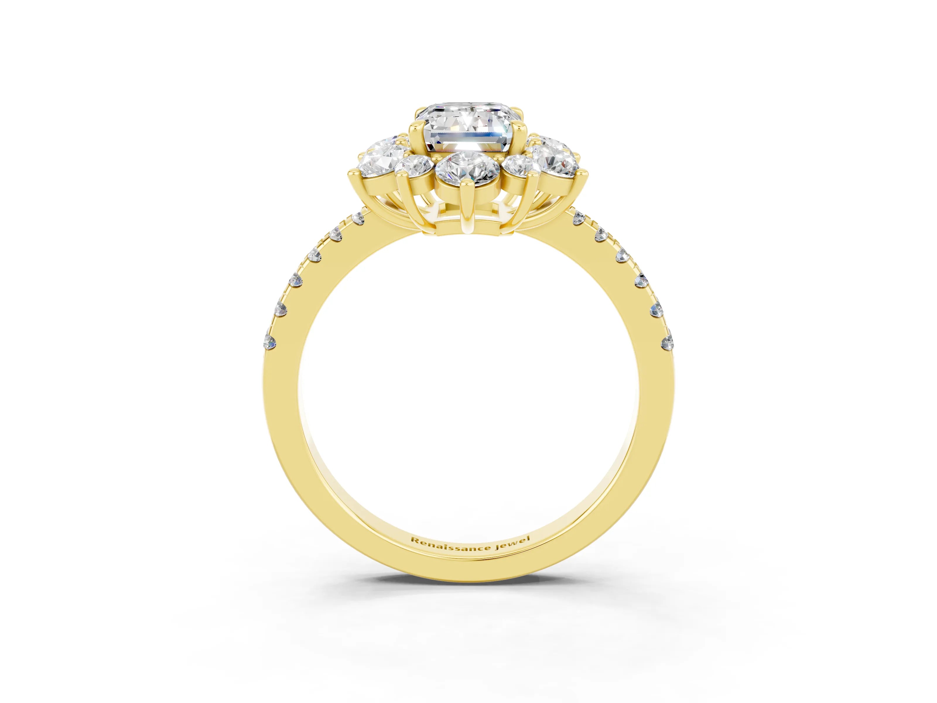 Yellow gold Emerald Cut Cut Diamond Floral Halo Pave Band with Prong Setting_3
