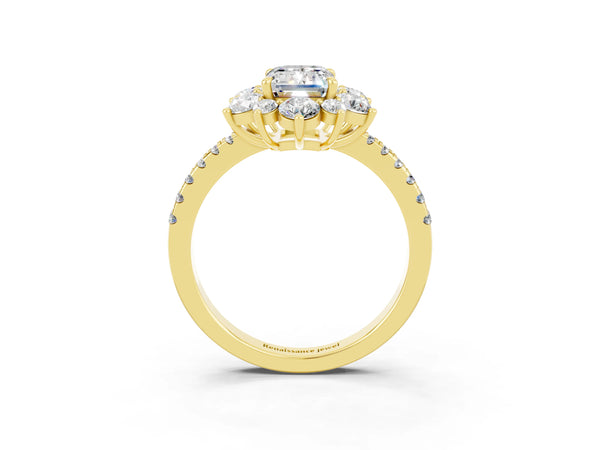 Yellow gold Emerald Cut Moissanite Floral Halo Ring with Round Pavé Band and Prong Setting