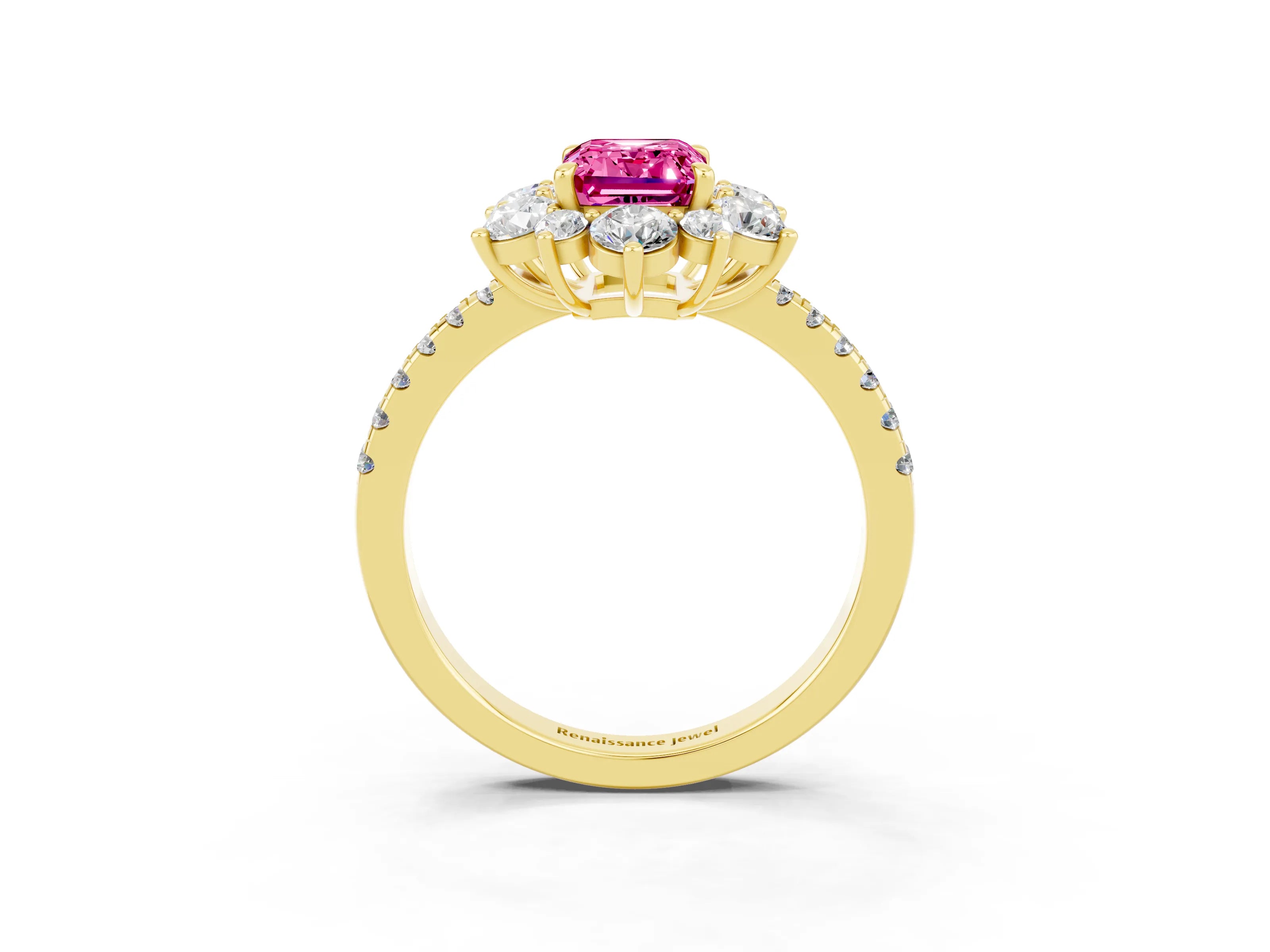Yellow gold Emerald Cut Cut Diamond Floral Halo Pave Band with Prong Setting_3