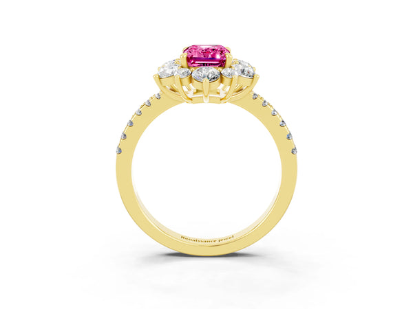 Yellow gold Emerald Cut Pink Sapphire Floral Halo Ring with Round Pavé Band and Prong Setting