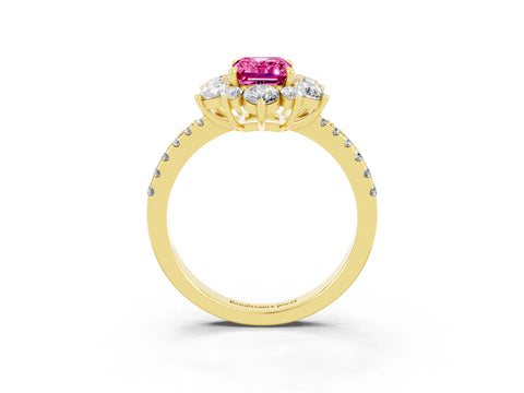 Yellow gold Emerald Cut Cut Diamond Floral Halo Pave Band with Prong Setting_3