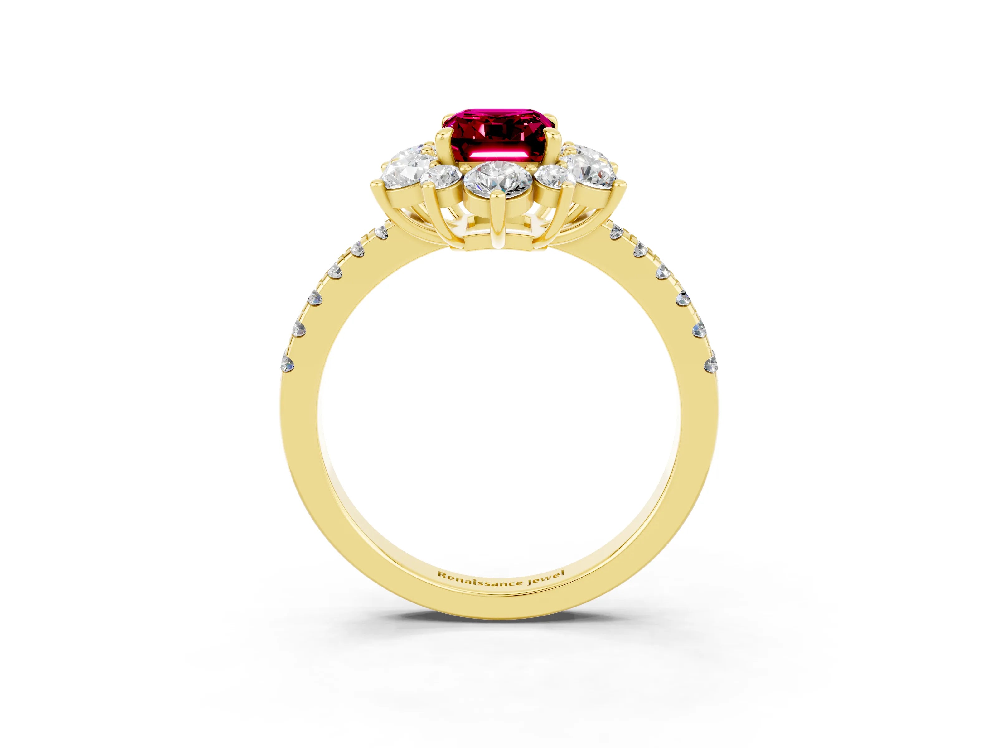 Yellow gold Emerald Cut Cut Diamond Floral Halo Pave Band with Prong Setting_3