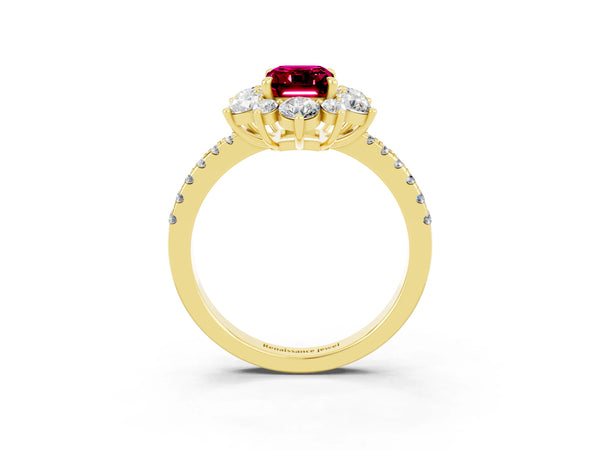 Yellow gold Emerald Cut Garnet Floral Halo Ring with Round Pavé Band and Prong Setting