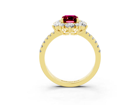 Yellow gold Emerald Cut Cut Diamond Floral Halo Pave Band with Prong Setting_3