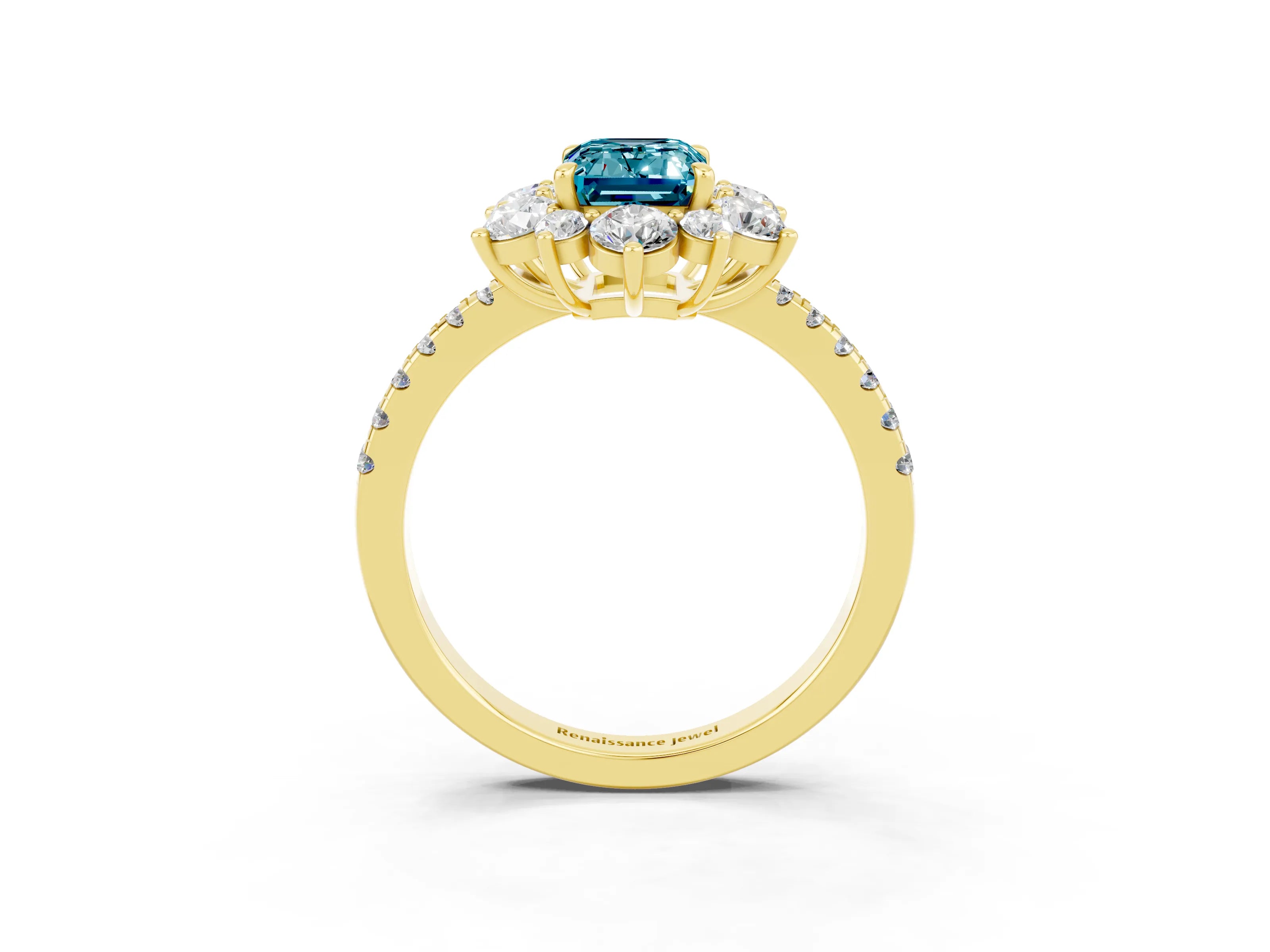 Yellow gold Emerald Cut Cut Diamond Floral Halo Pave Band with Prong Setting_3