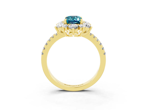 Yellow gold Emerald Cut Cut Diamond Floral Halo Pave Band with Prong Setting