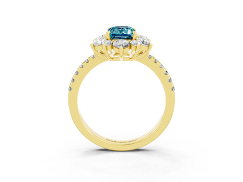 Yellow gold Emerald Cut Cut Diamond Floral Halo Pave Band with Prong Setting_3