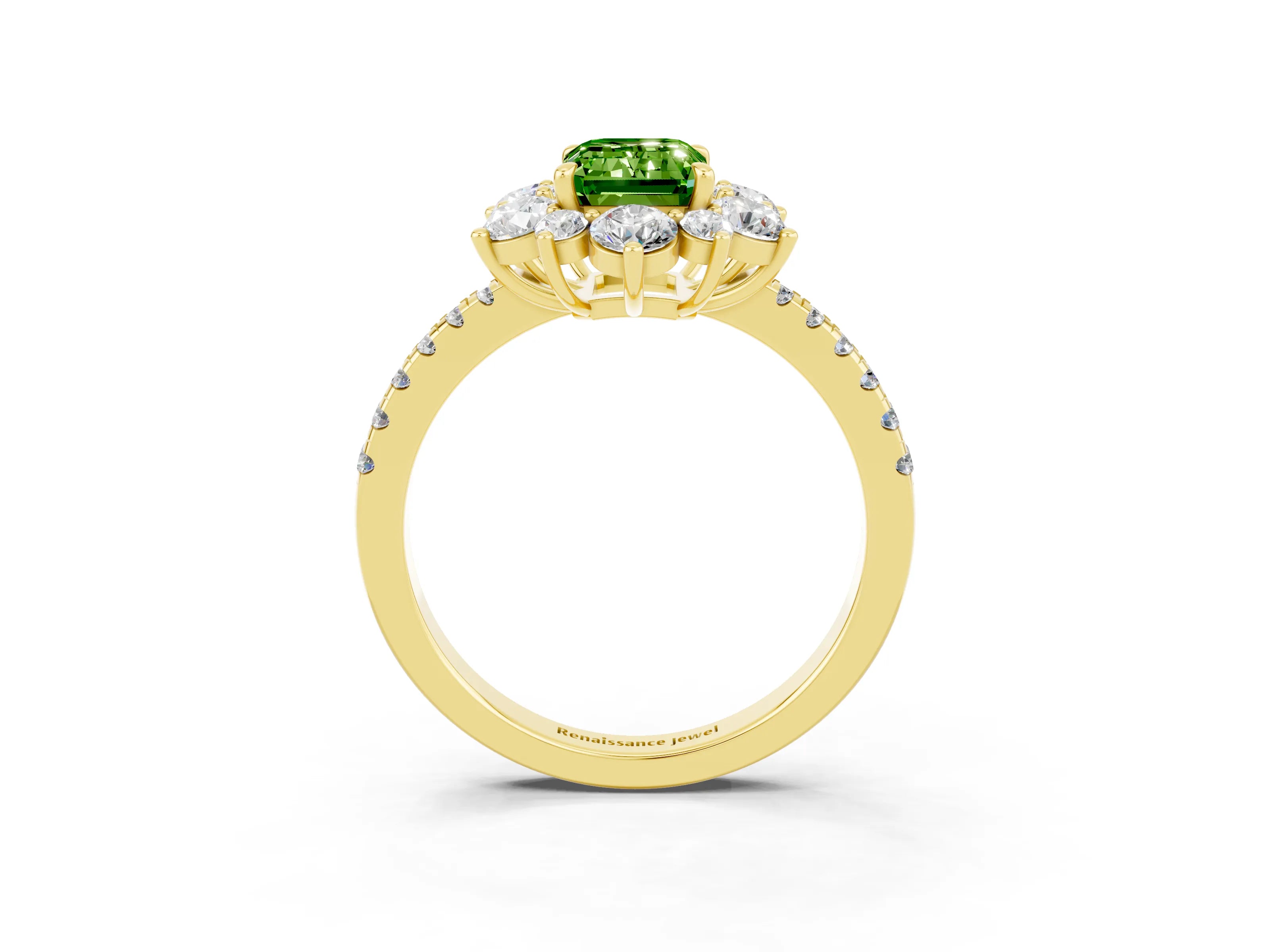 Yellow gold Emerald Cut Cut Diamond Floral Halo Pave Band with Prong Setting_3