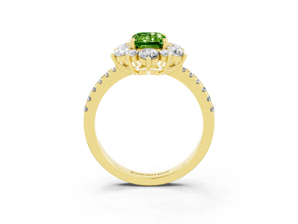 Yellow gold Emerald Cut Cut Diamond Floral Halo Pave Band with Prong Setting