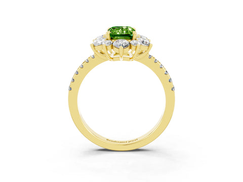 Yellow gold Emerald Cut Cut Diamond Floral Halo Pave Band with Prong Setting_3