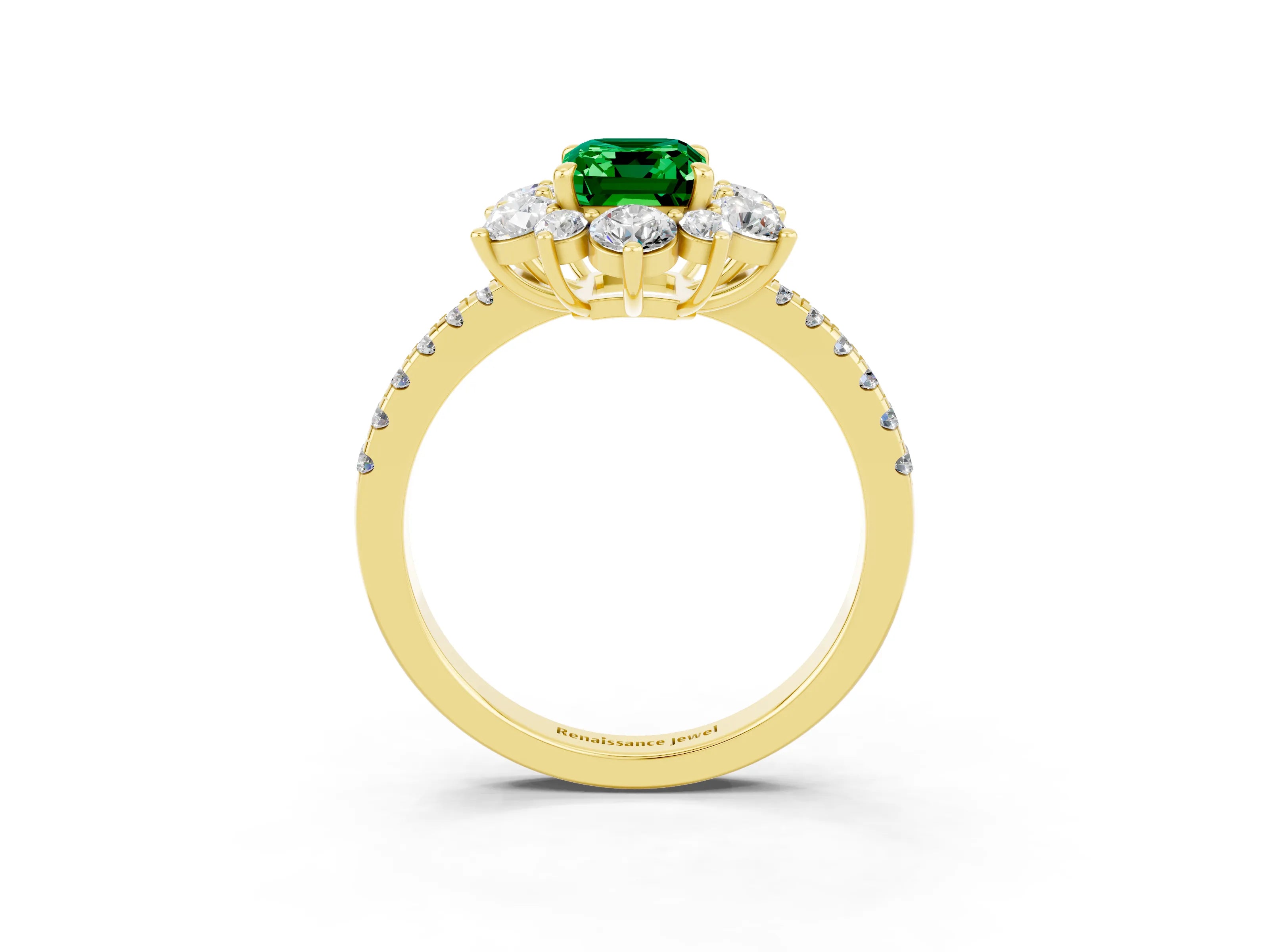 Yellow gold Emerald Cut Cut Diamond Floral Halo Pave Band with Prong Setting_3