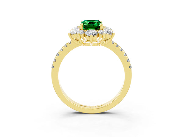 Yellow gold Emerald Cut Emerald Floral Halo Ring with Round Pavé Band and Prong Setting