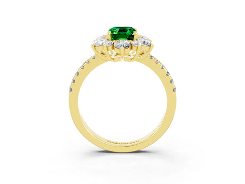 Yellow gold Emerald Cut Cut Diamond Floral Halo Pave Band with Prong Setting_3