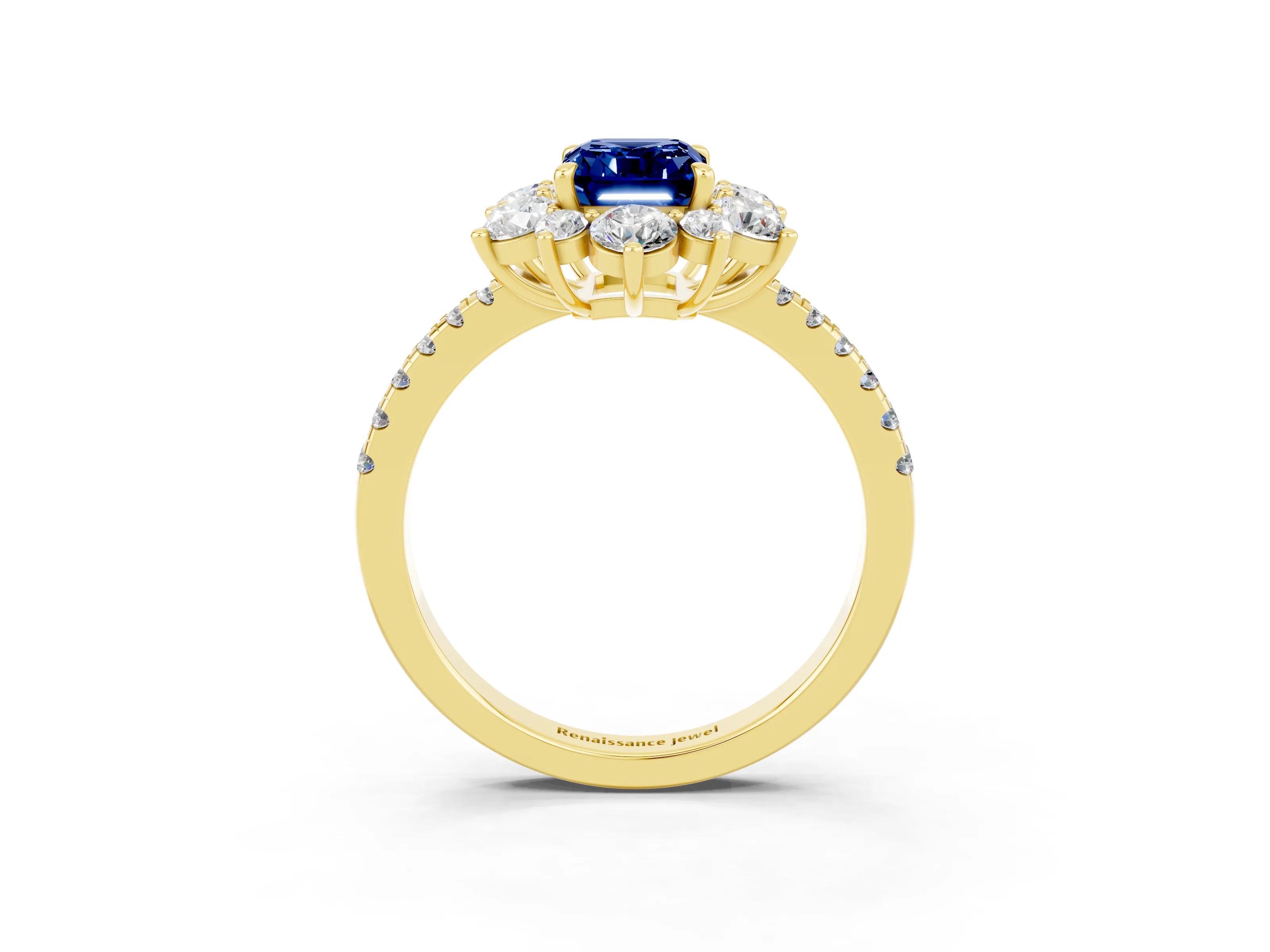 Yellow gold Emerald Cut Cut Diamond Floral Halo Pave Band with Prong Setting_3